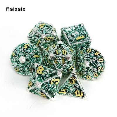 7 peças de polvo verde prateado metal dados ocos metal poliédrico conjunto de dados adequados para RPG jogo de tabuleiro jogo de cartas