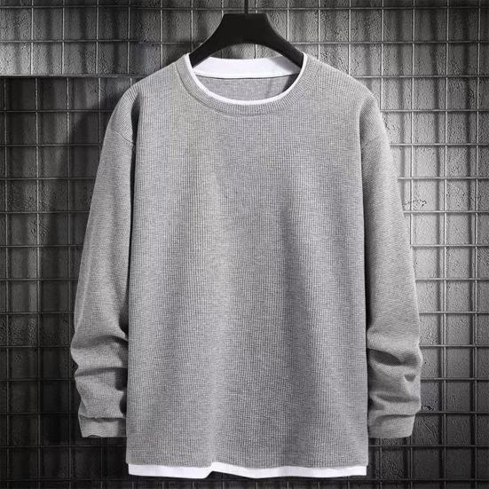 Men O-Neck Waffle Sweatshirt Fake Two-Piece Long Sleeve T-shirt Casual Loose Pullover for Spring Autumn Daily Wear Street
