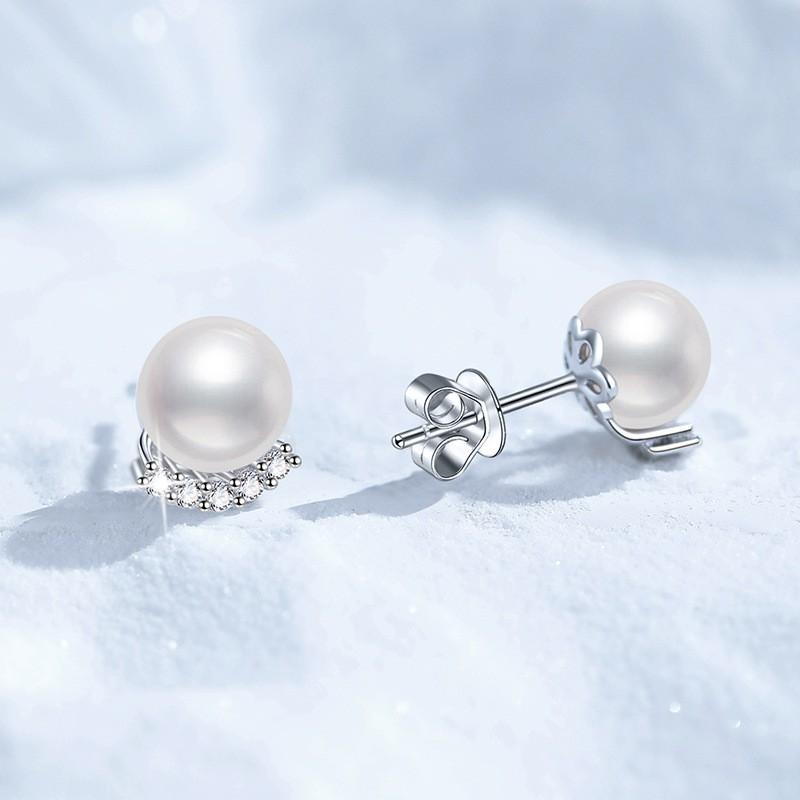 Sterling U-Shaped Stud Earrings With 0.15ct D Color Moissanite Freshwater Pearl Minimalist Elegant Jewelry