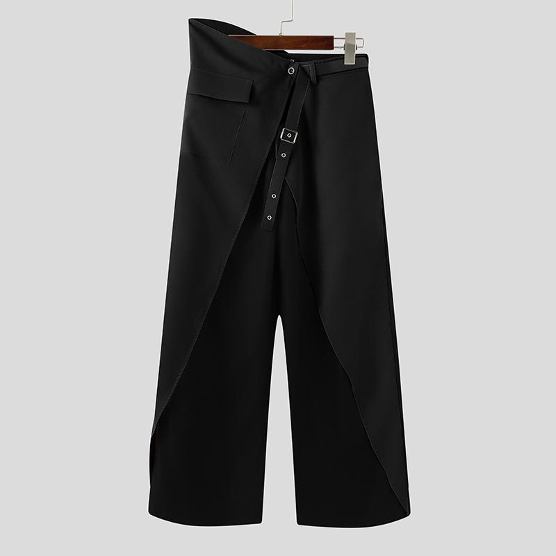 

INCERUN Мужские повседневные длинные брюки с застежкой-молнией, нерегулярной высокой талией, пэчворком S чёрный