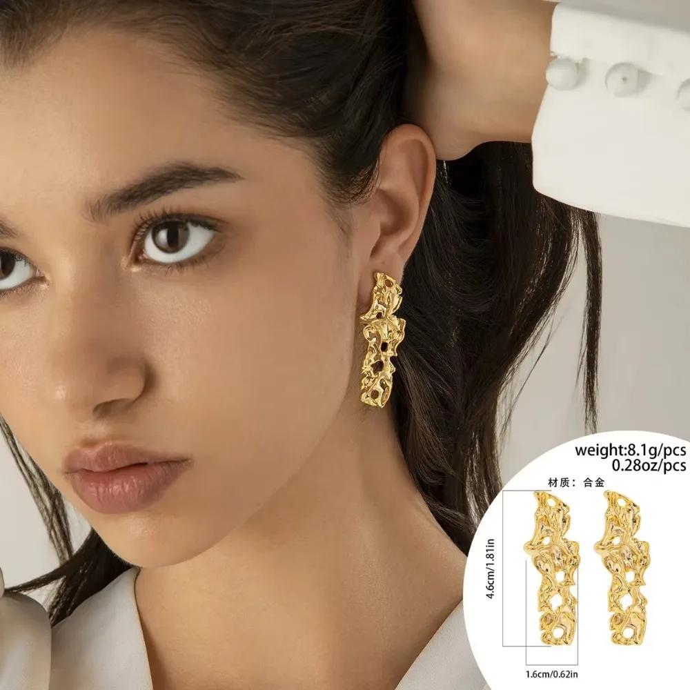 Exaggerate Trendy Liquid Lava Metal Heart Drop Stud Earrings for Women Charm Geometric Irregular Folds Party Jewelry Accessory