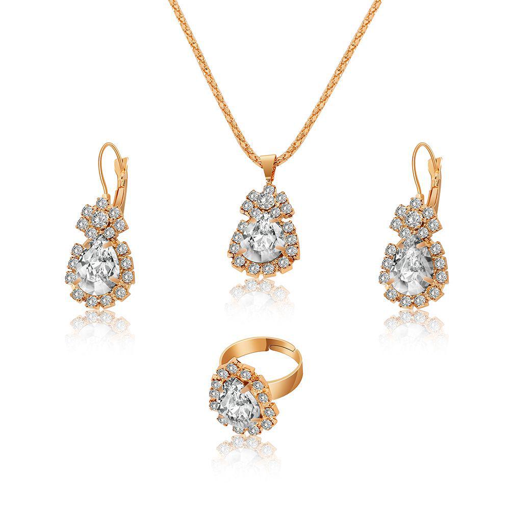Water Drop Full Diamond Bridal Jewelry Set: Necklace, Earrings, & Ring