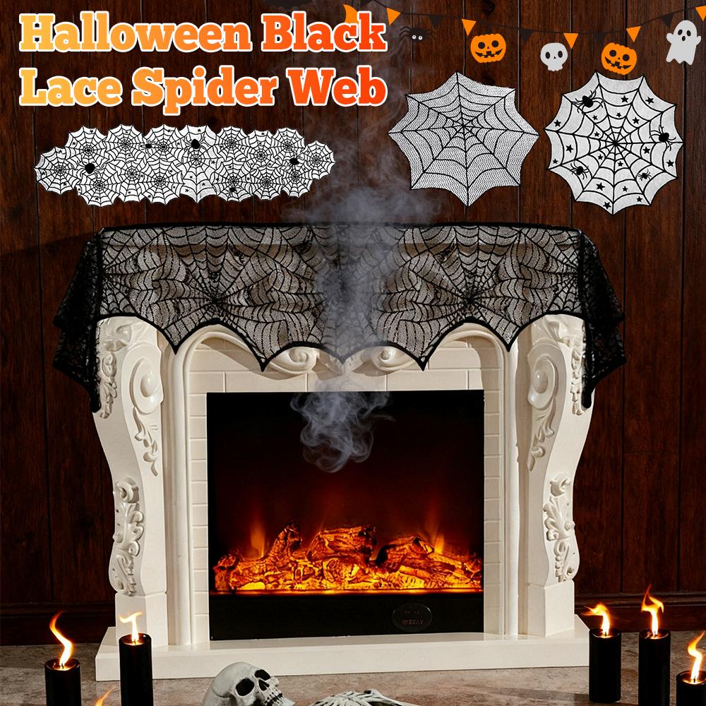 Halloween Lace Spider Web Placemat Fireplace Cover Skeleton Skull Tablecloth Hollow Out Spiderweb Placemat Halloween Party Decor