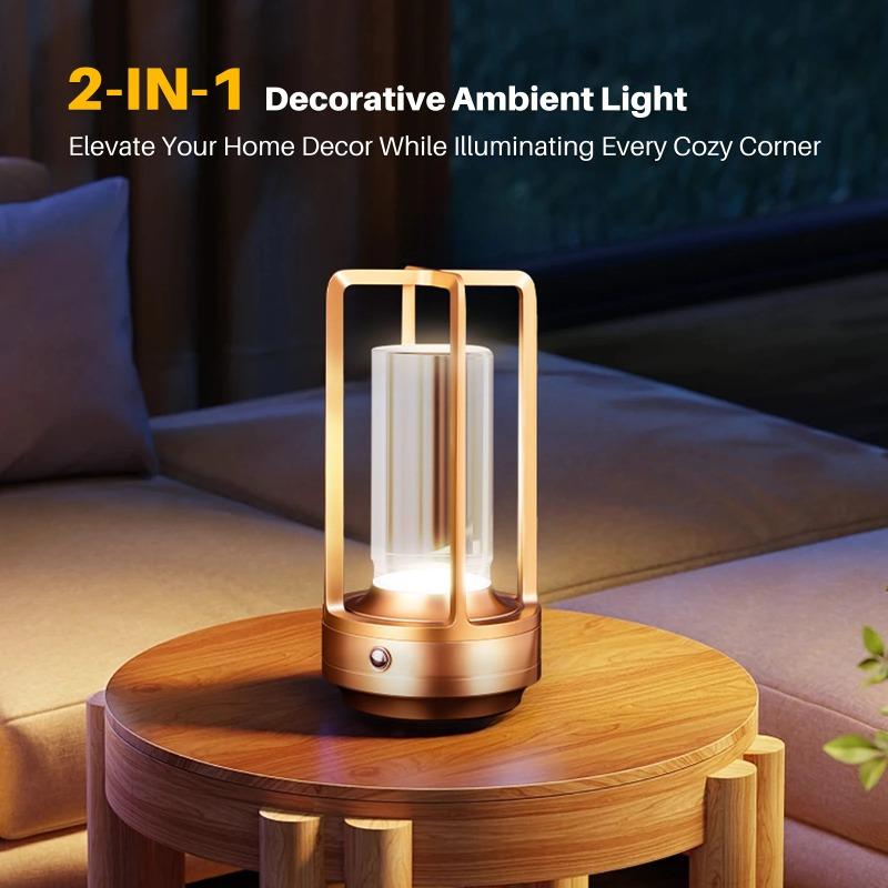 Portable Metal Cordless Table Lamp Touch Sensor Rechargeable LED 3-Color Dimmable Night Light for Bedroom Restaurant Home Outdoor Decor