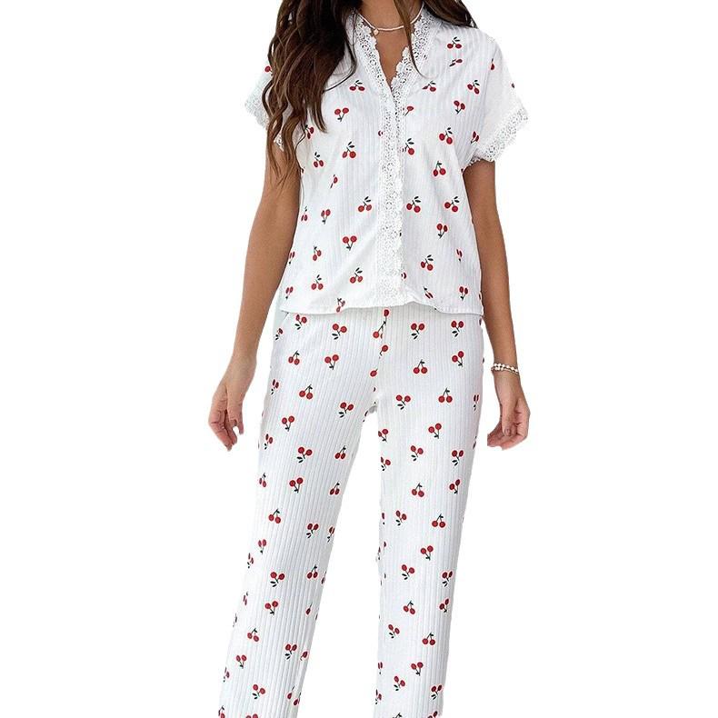 Women's Cherry Print V-Neck Lace Pajama Set: Short Sleeve T-Shirt & Shorts