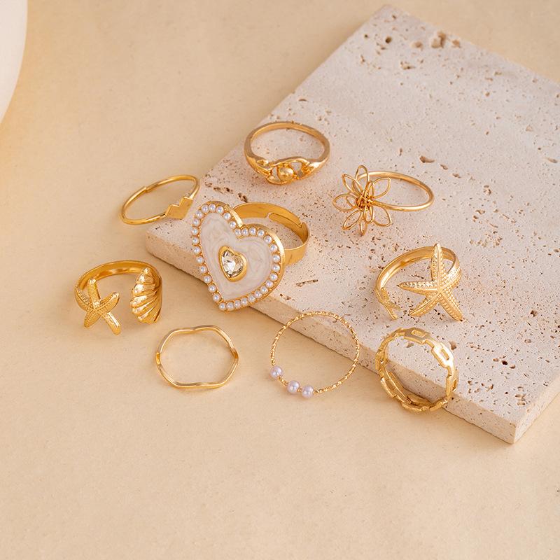Diamantbesetztes Perlen-Liebes-Halsketten-Ringe-Set Ring Damen Kalter Wind Nische Literarisch Schwanzring