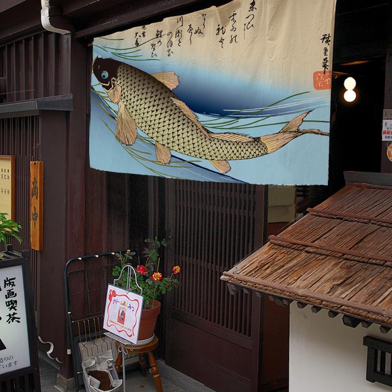 Japanese Koi Door Curtain Restaurant Bar Partition Curtain Art Painting Drape Entrance Hanging Half-Curtain  Sushi Izakaya Decor
