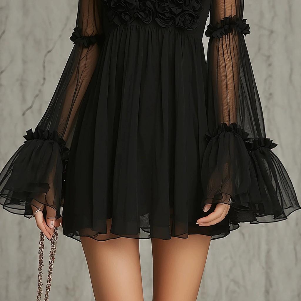 There are big flowers on the chest, European and American French three-dimensional rose mesh dress, high neck perspective horn, small black dress.