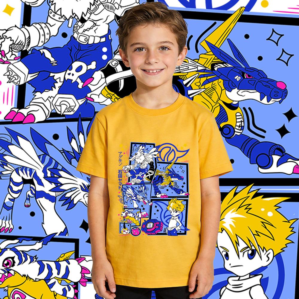 Digimon Ishida Yamato X Gabumon Anime Print Boys Girls Cotton T Shirt Casual Short Sleeve Top Kids Summer Clothes