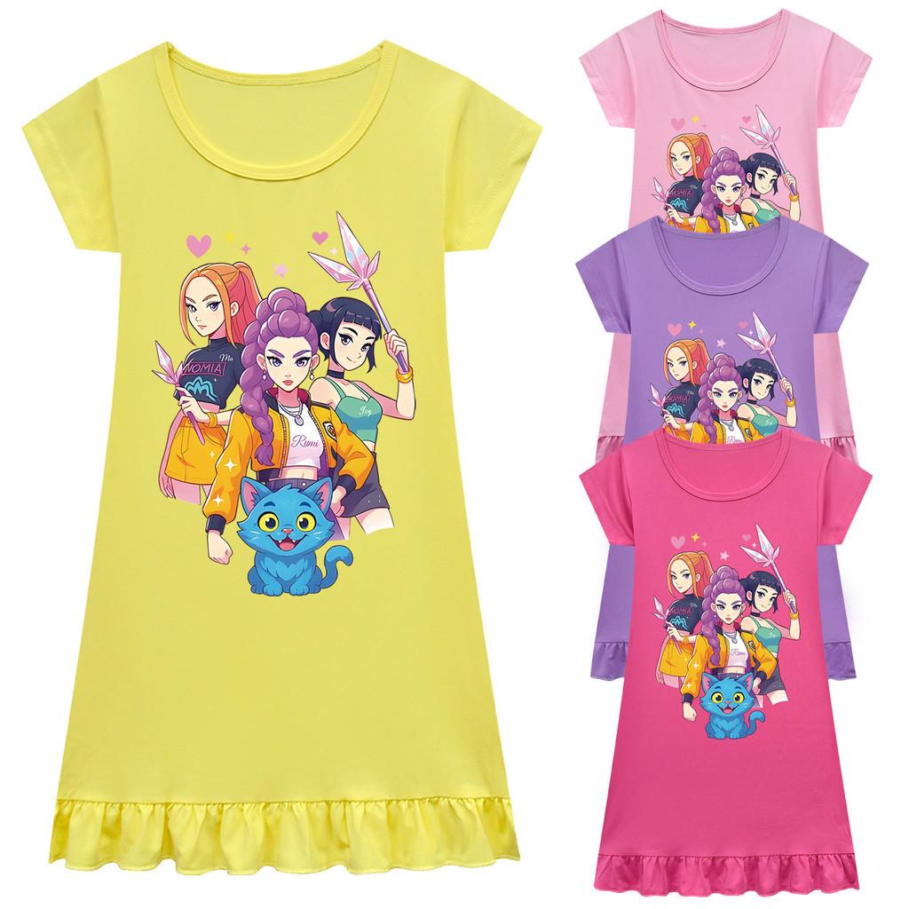 Kids Girls Anime Cartoon K-POP Rumi Zoey Mira Print Pleat Short Sleeve Casual Round Neck Dress