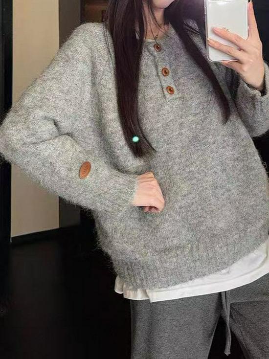 Autumn-Winter Loose Knit Pullover Sweater with Three Buttons - Korean Style Women's Top