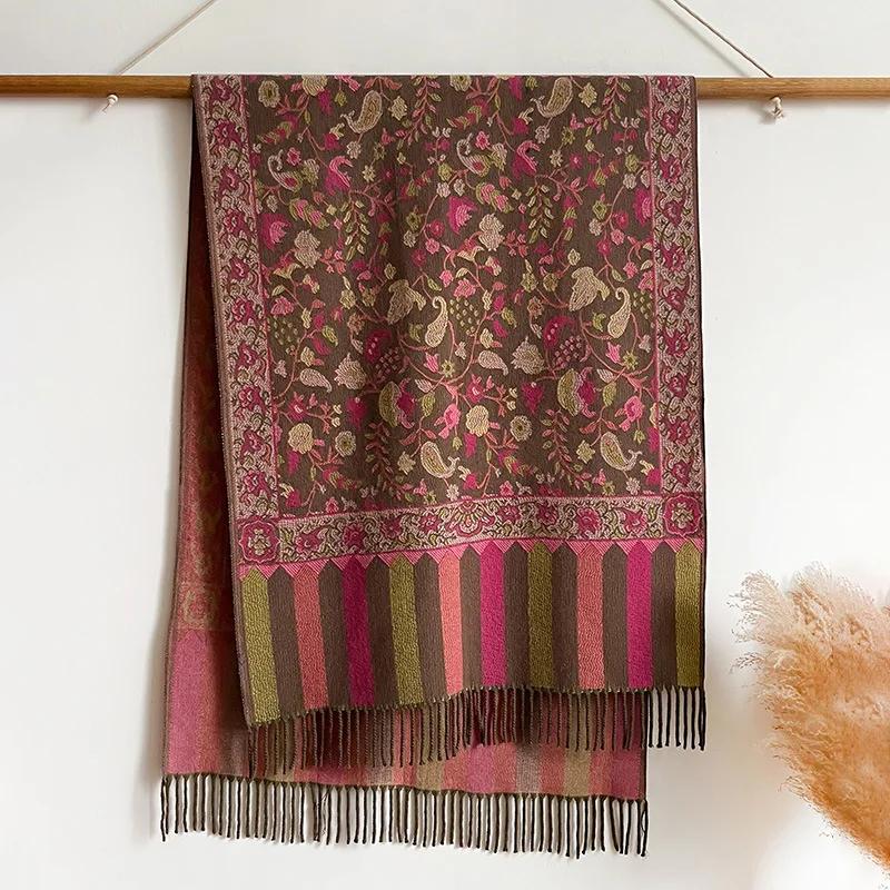 Pashmina Scarf Hijab Ethnic Style Plant Flower Core-Spun Yarn Fringed Fashion Women S Thick Imitation Cashmere Warm Scarf Shawl