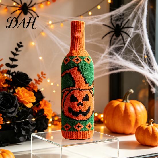 Festive Bar Accessories Halloween Wine Bottle Sweater, Reusable Knitted Champagne Cover, Pumpkin Skull Soft Fabric Wrap Spider Pattern Sleeve