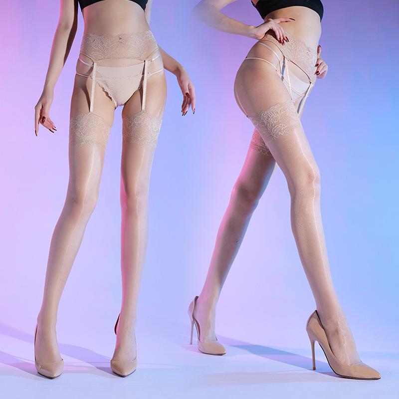 Women's Stockings With Lace Garter Belt Aurora Oil Shiny Sockings Thin Transparent Ultra Elastic High Socks Exotic Lingerie