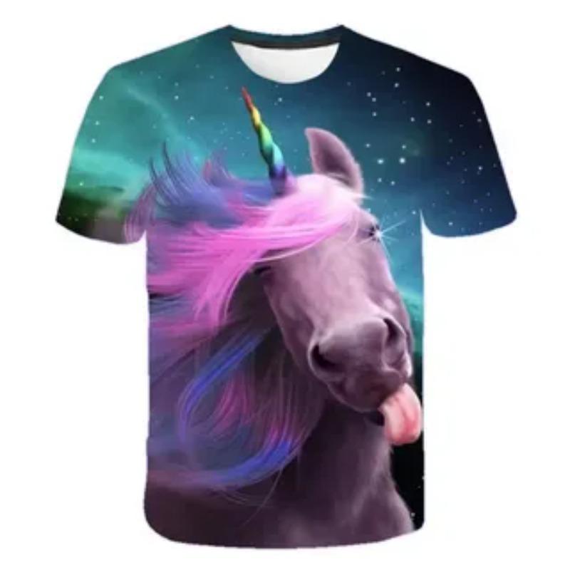 Summer Cute Animal Creative Colorful Horse Pattern Printed T-shirt Soft Comfortable Round Neck Short Sleeve Children's T-shirt