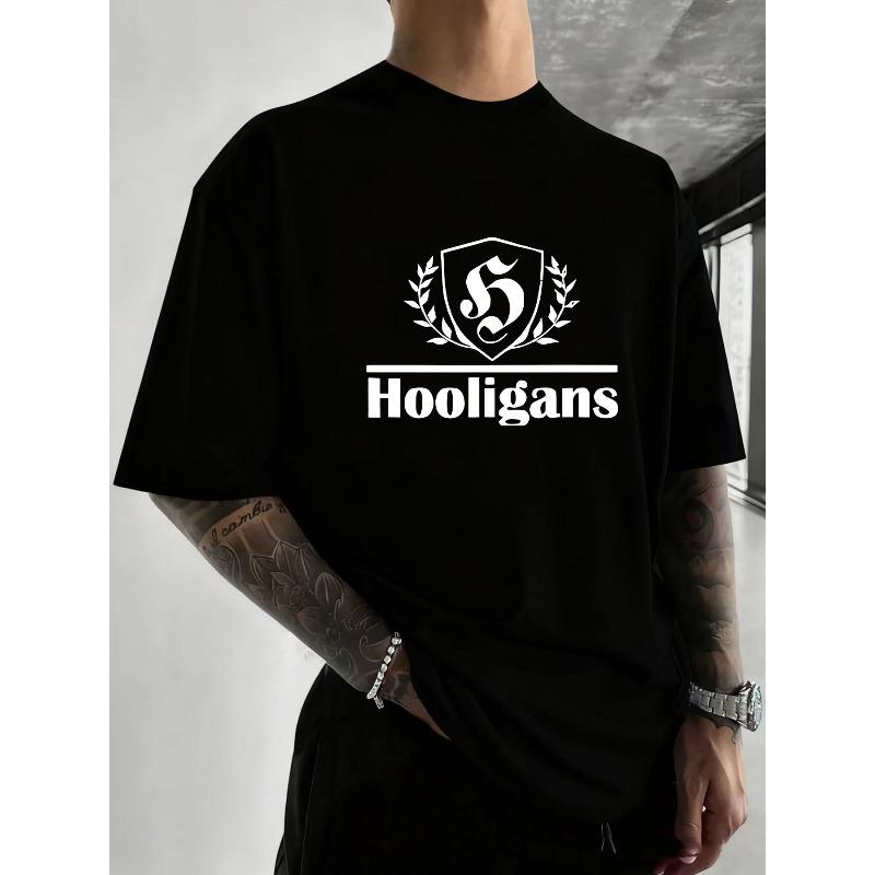 Hooligans Letter Printed T-shirt- Soft, Breathable, Comfortable, Suitable for All Seasons- Regular Fit, PLUS SIZE