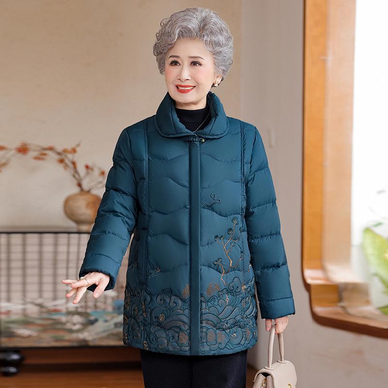 

Mom s New Winter Down Jacket: Stylish Embroidered White Duck Coat for Middle-Aged & Elderly Women, Chinese-Style Grandma Outfit 3XL (120-135 jin) синій