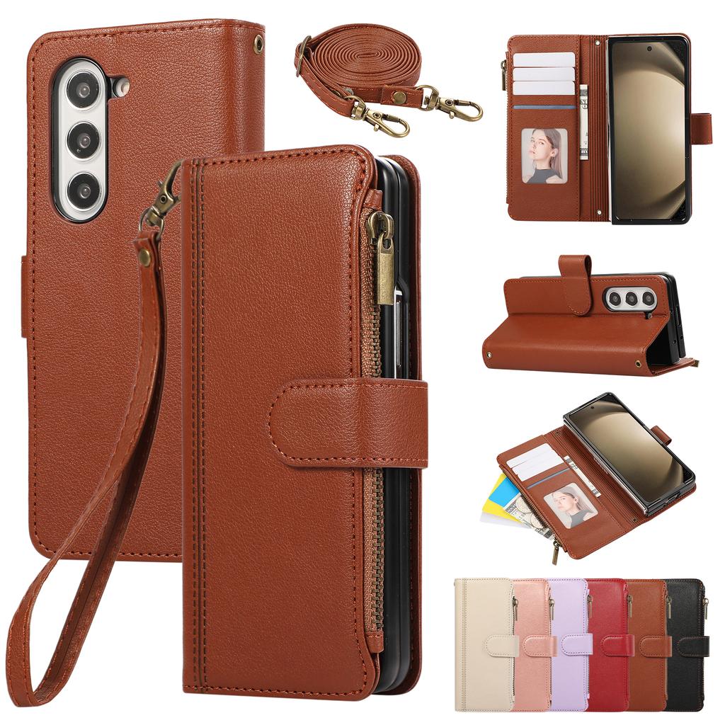 Zipper Cards Bag Wallet Leather Case For Samsung Galaxy Z Fold 7 6 5 4 3 5G Fold7 Fold6 Fold5 Long Lanyard Crossbody Stand Cover