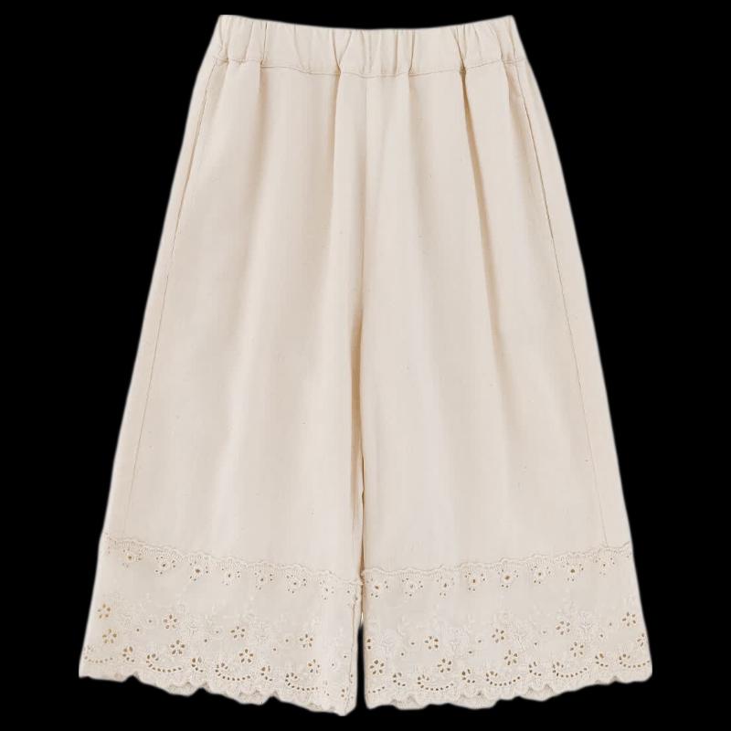 Girls' Summer Cotton-Linen Cropped Straight-Leg Pants with Lace Trim