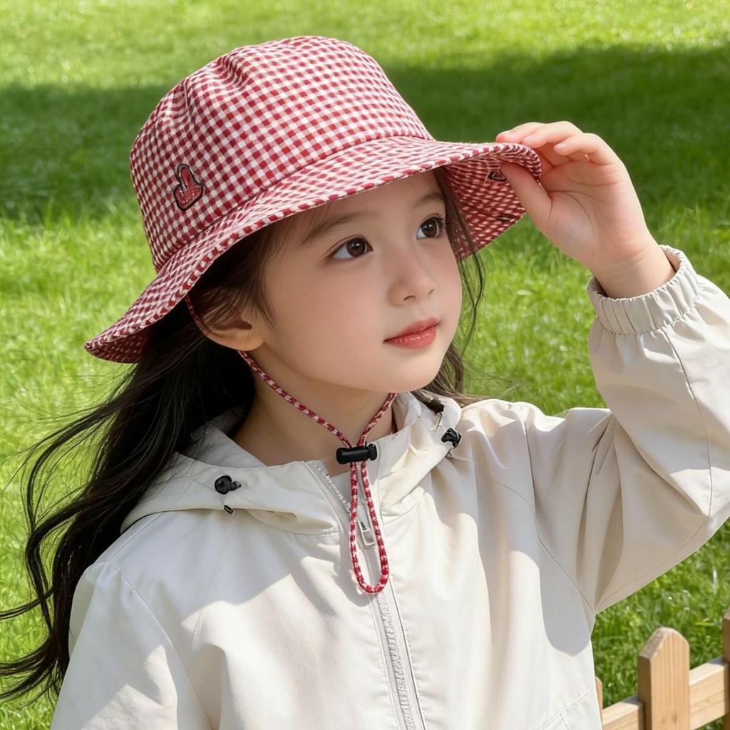 Summer Parent-Child Plaid Heart Wide Brim Sun Hat - Stylish Travel Vacation Fisherman Hat for Kids with Sun Protection