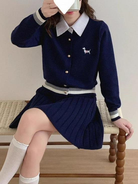 2025 Fall/Winter Korean Academy Style Knit Cardigan & Pleated Skirt Set for Women
