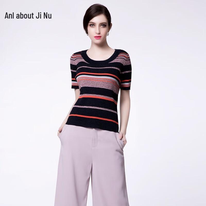 

Женский полосатый трикотажный топ с коротким рукавом Anlom B706081 4XL