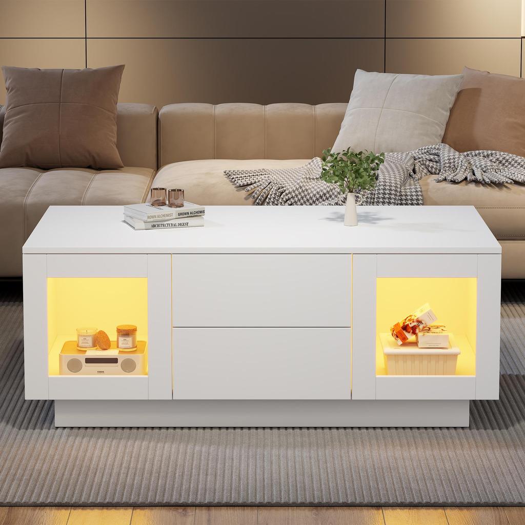 Hochglanz-Couchtisch, mit per mobiler App steuerbaren LED-Leuchten, Wohnzimmertisch mit Schrank, Sofatisch , Beistelltisch,100×50×40cm