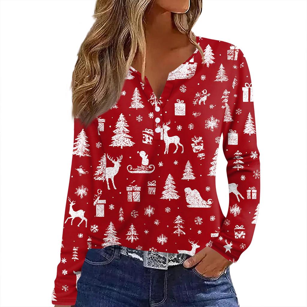 T-skjorte for kvinner Juletrykk Langermet knapp Daglig helgmote Basic V-hals vanlig topp