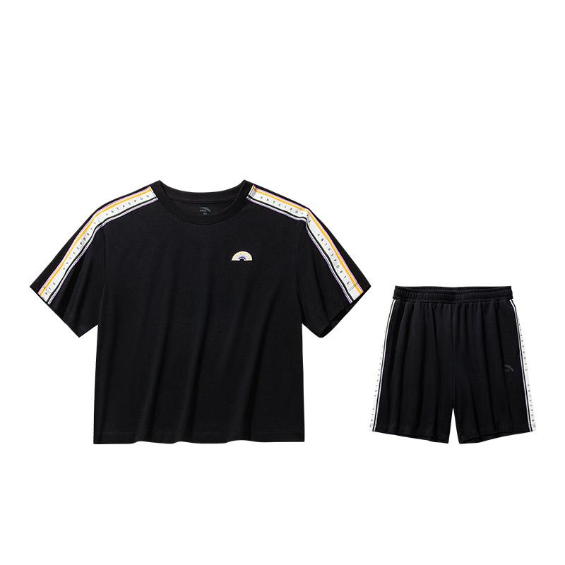 

Anta Color Block Round Neck Short Sleeve Breathable Versatile Top And Comfortable Mid Waist Shorts Casual Set Women sets Basic-Black 962528205-2 XS