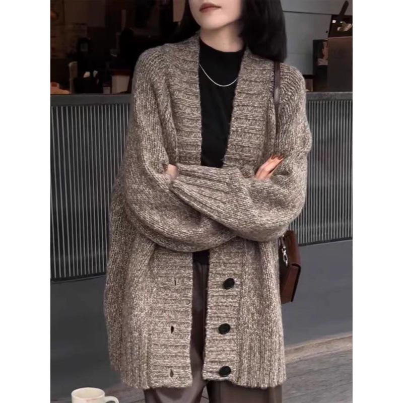 Autumn Winter V-Neck Pure Wool Mid-Length Women's Cashmere Cardigan Sweater
