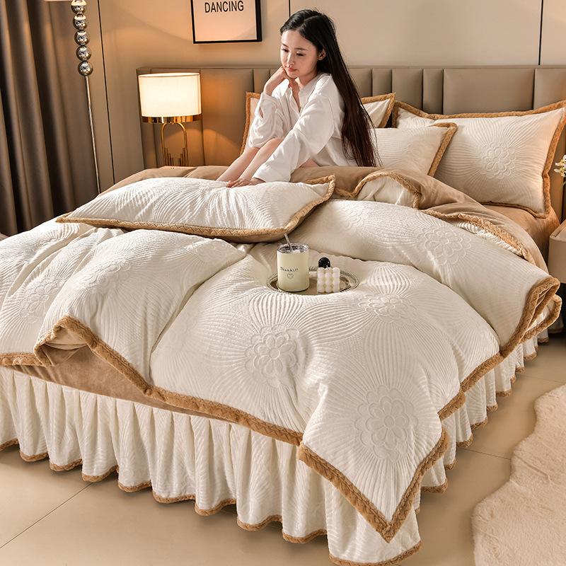 Class A Maternal And Infant Grade High-Gram Carved Fleece Milk Fleece Bed Skirt4-Pcs Set, Winter Double-Sided Fleece Quilt Cover