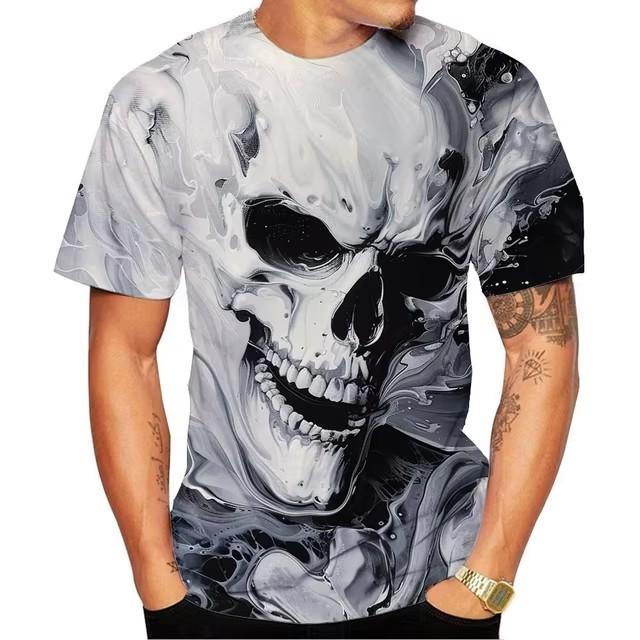 Fashionable Men's Short Sleeved 3D Digital Printed Skull Pattern T-shirt Trendy Versatile Top