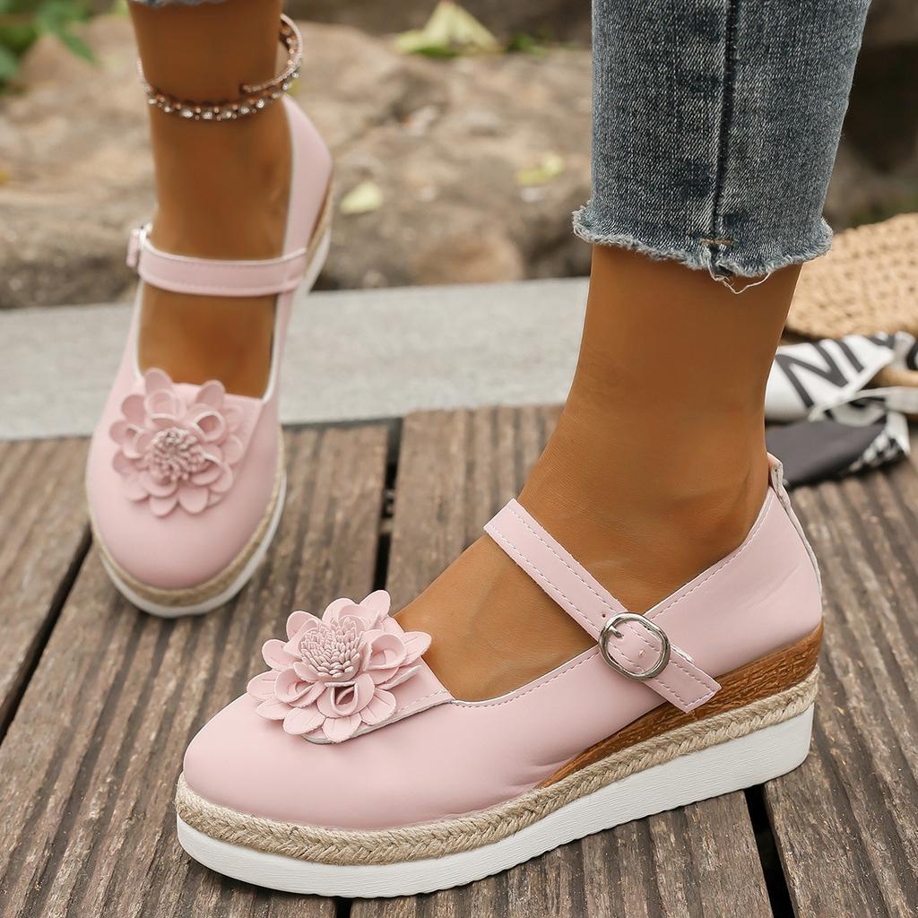 Fashion Plus Size Shoes for Women Autumn 2025 Fashion Platform Wedges Buckle Strap Flats Shoes Zapatos De Mujer with Flower Footwear