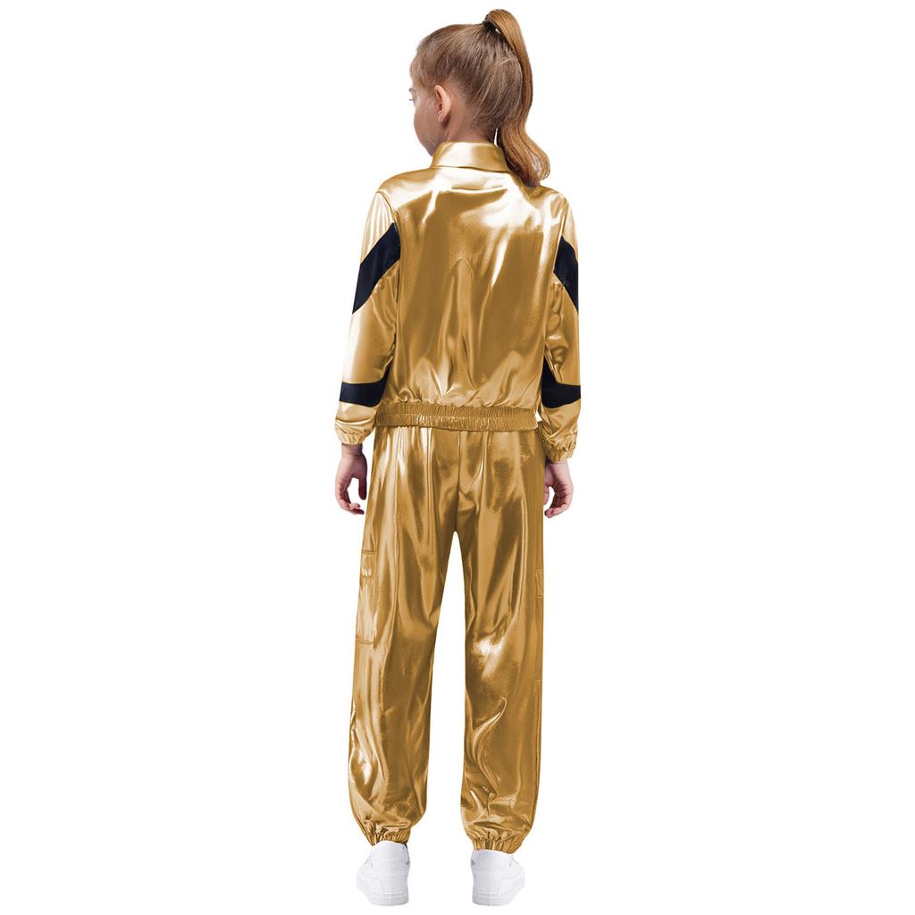 Mädchen Tanzjacke Mode Kontrastfarbe Langarm Stehkragen Metallischer Reißverschluss mit glänzendem Hosen-Set