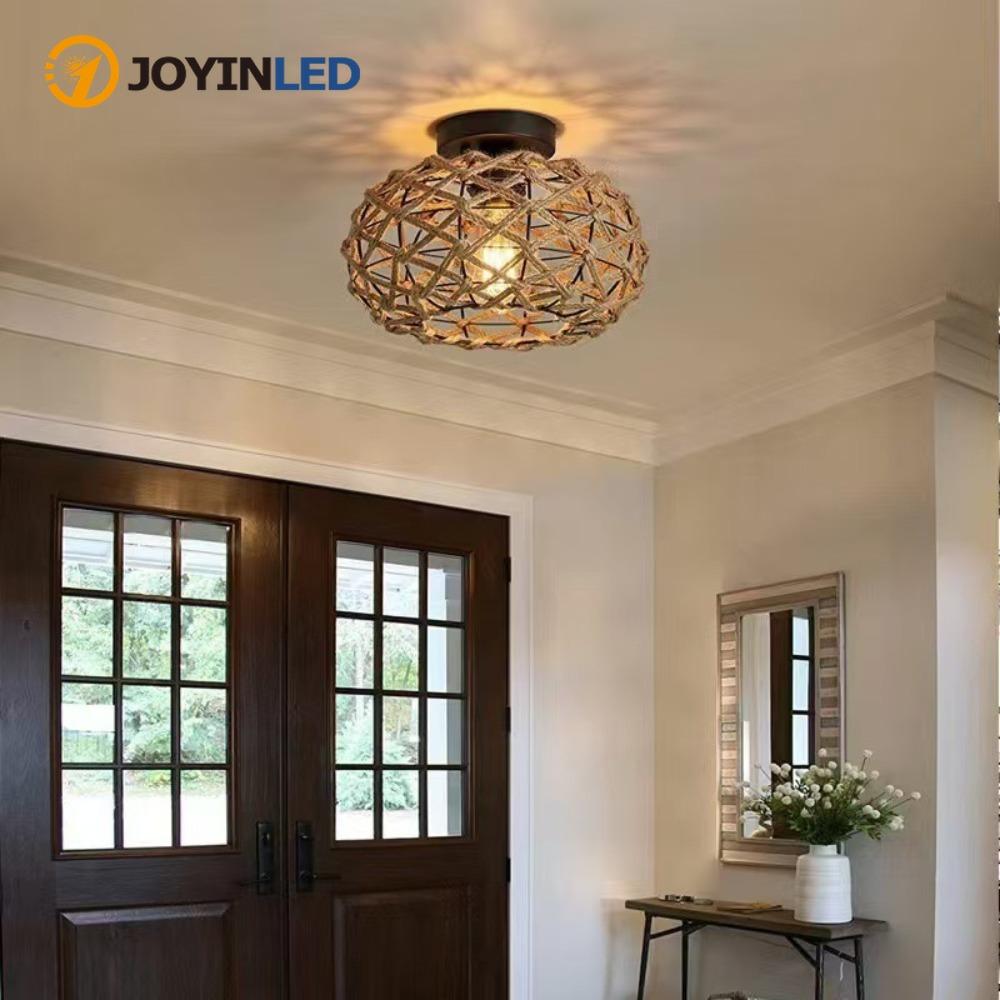 JOYINLED E27 Natural Handmade Hemp Rope Brown Pendant Light Creative Chandelier Modern Wicker Light for Restaurant Coffee Shop