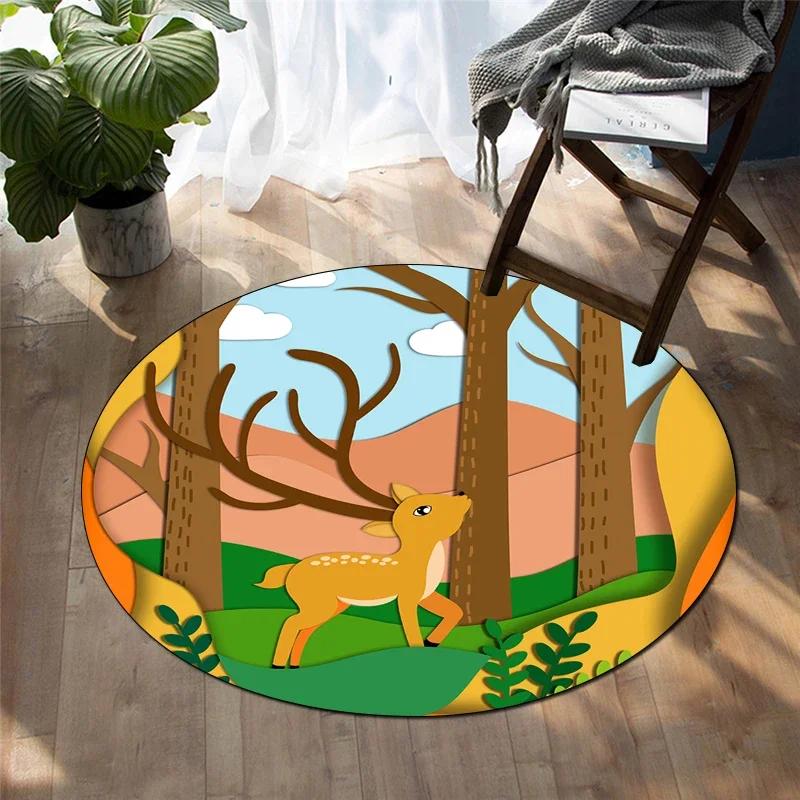Forest Deer Round Carpet Soft Cartoon Rug Non-Slip Circle Floor Mat for Living Room Bedroom Sofa Bathroom Children's Dorm Decor