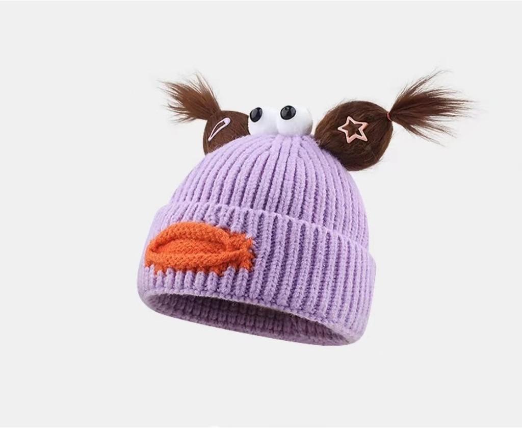 

Sweet Big Mouth Cat Small Braid Wig Funny Wool Hat Women Autumn Winter Warm Ear Protection Knitted Hat Headgear Trendy фіолетовий