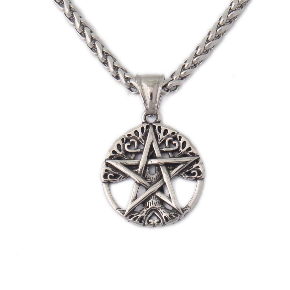 Viking Tree of Life Pentagram Pendant Necklace for Men - Nordic Yggdrasil Vintage Hollow Out Pentacle Amulet - Stainless Steel Fashion Statement