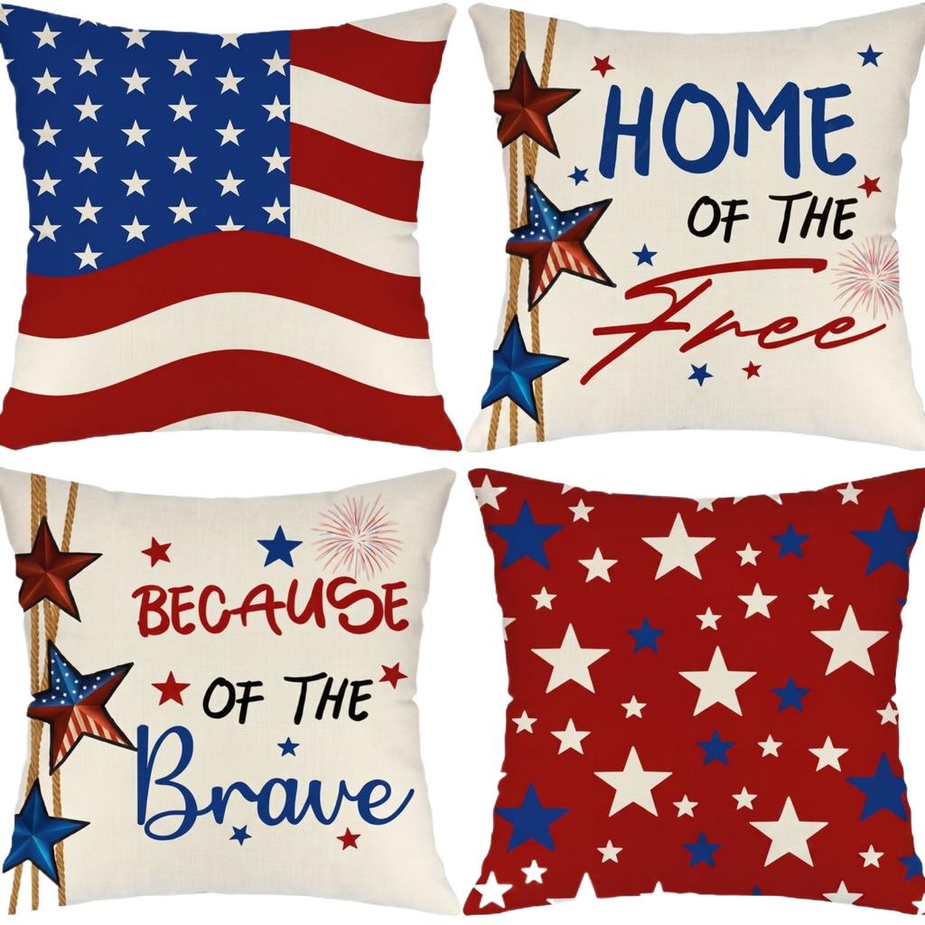 Set of 4 Decorative Throw Pillow Covers with Star and Stripe Print for Sofa Couch Bed Home Decor Holiday Theme 18x18 Inch Square Cushion Cases