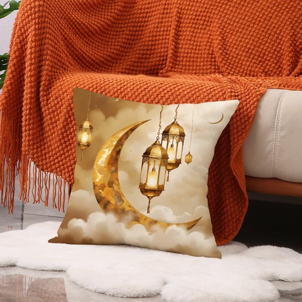 Golden Moon EID Mubarak Pillowcase Decor Oil Lamp Printed Sofa Cushion Cover 45cm Pillow Cover Islamic Party Supplies