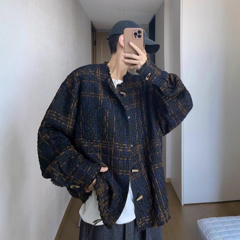 Vintage Tweed Woven Jacket Men - Casual Winter Outerwear Loose Fit Plaid