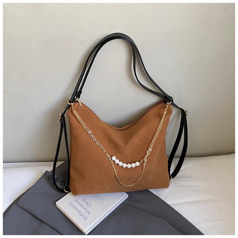 

High value large capacity tote bag women s new pearl chain shoulder bag commuter fashionable backpack коричневий