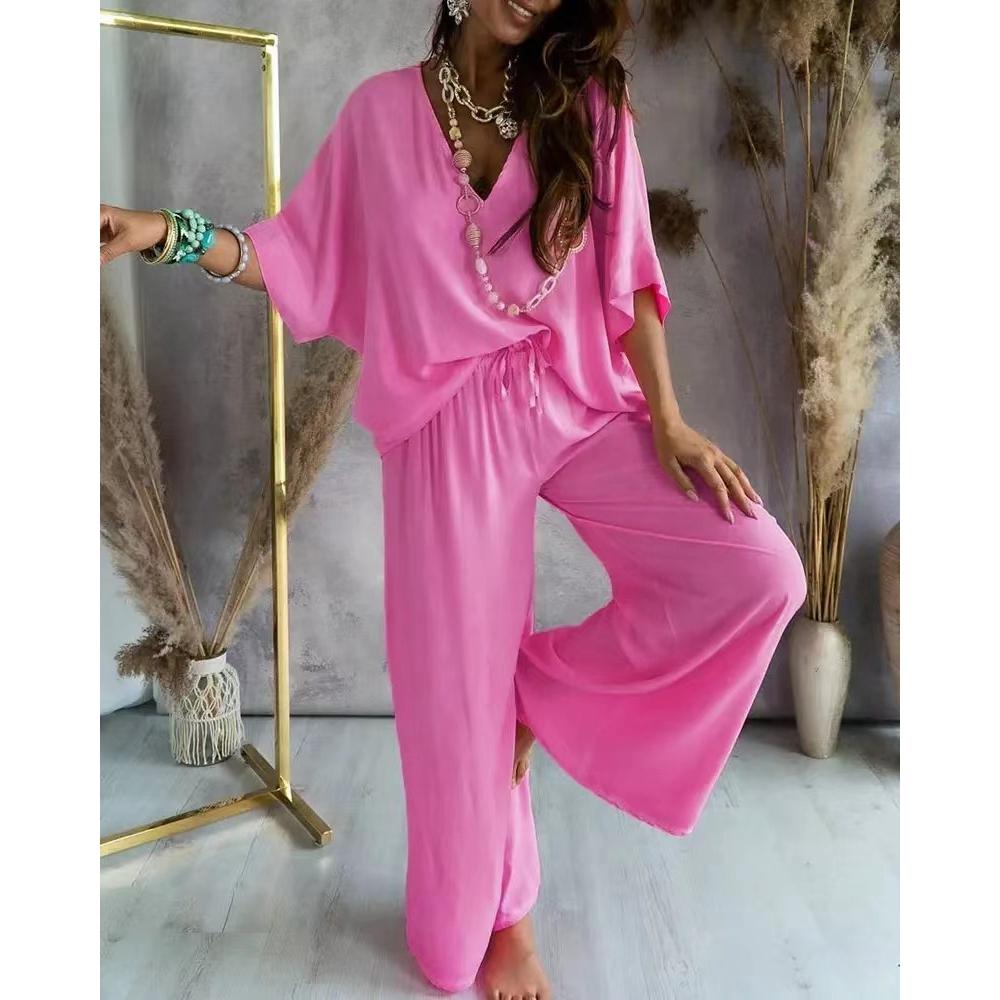 Summer Casual Loose Two Piece Set Women Fashion V-neck Pants Sets Women Elegant Batwing Sleeve Homewear Outfits 2 Piece Sets