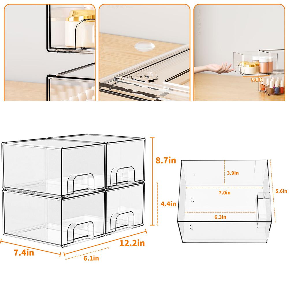 4pcs Stackable Storage Drawers Clear Home Storage Box Stackable Storage Drawers-Organize Makeup, Medicine Storage Accessories