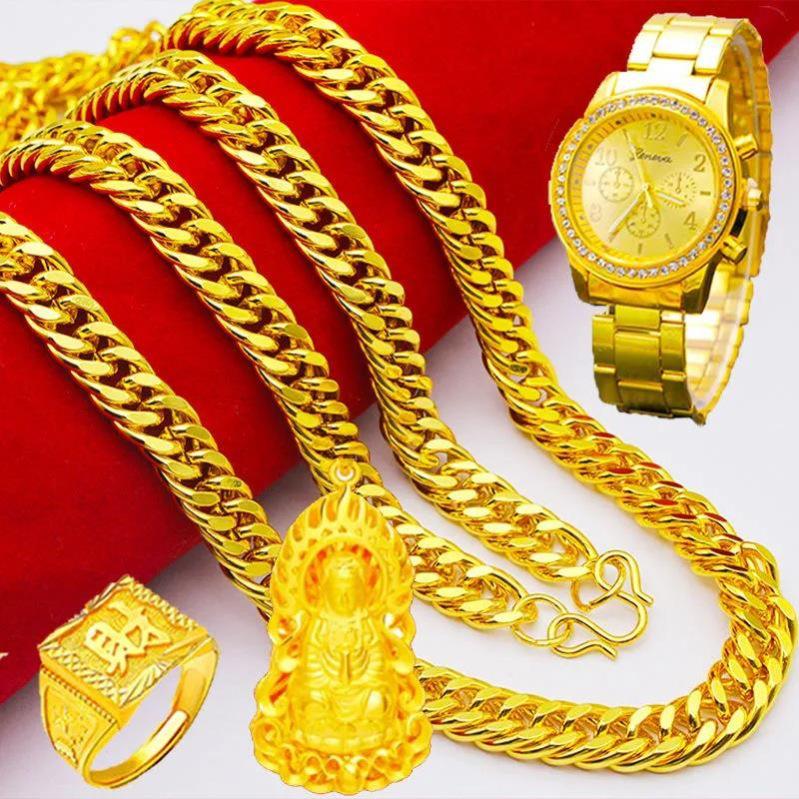 Unique Vietnam-Inspired Gold Necklace & Non-Fading Gold Watch Set for Men
