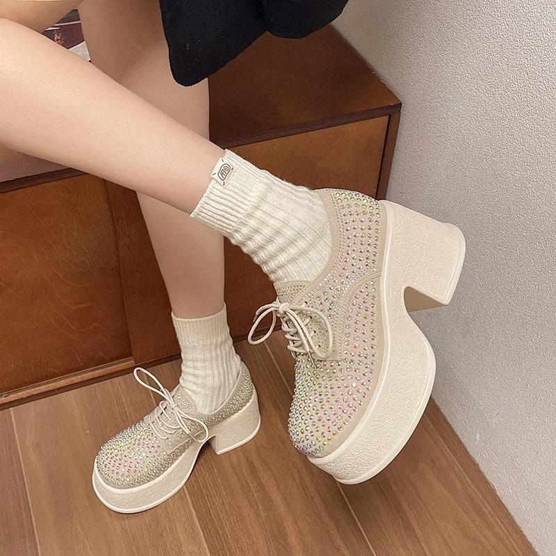 Fashion 2024 Brand Women's Shoes  Lace-up Women's High Heels Fashion Crystal Casual Pumps Women New Round Toe Platform Heels Zapatos
