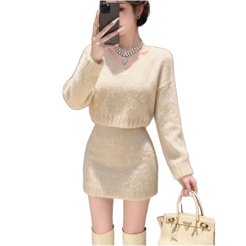 Chic V-Neck Knit Sweater & Skirt Set for Women - Autumn/Winter Collection