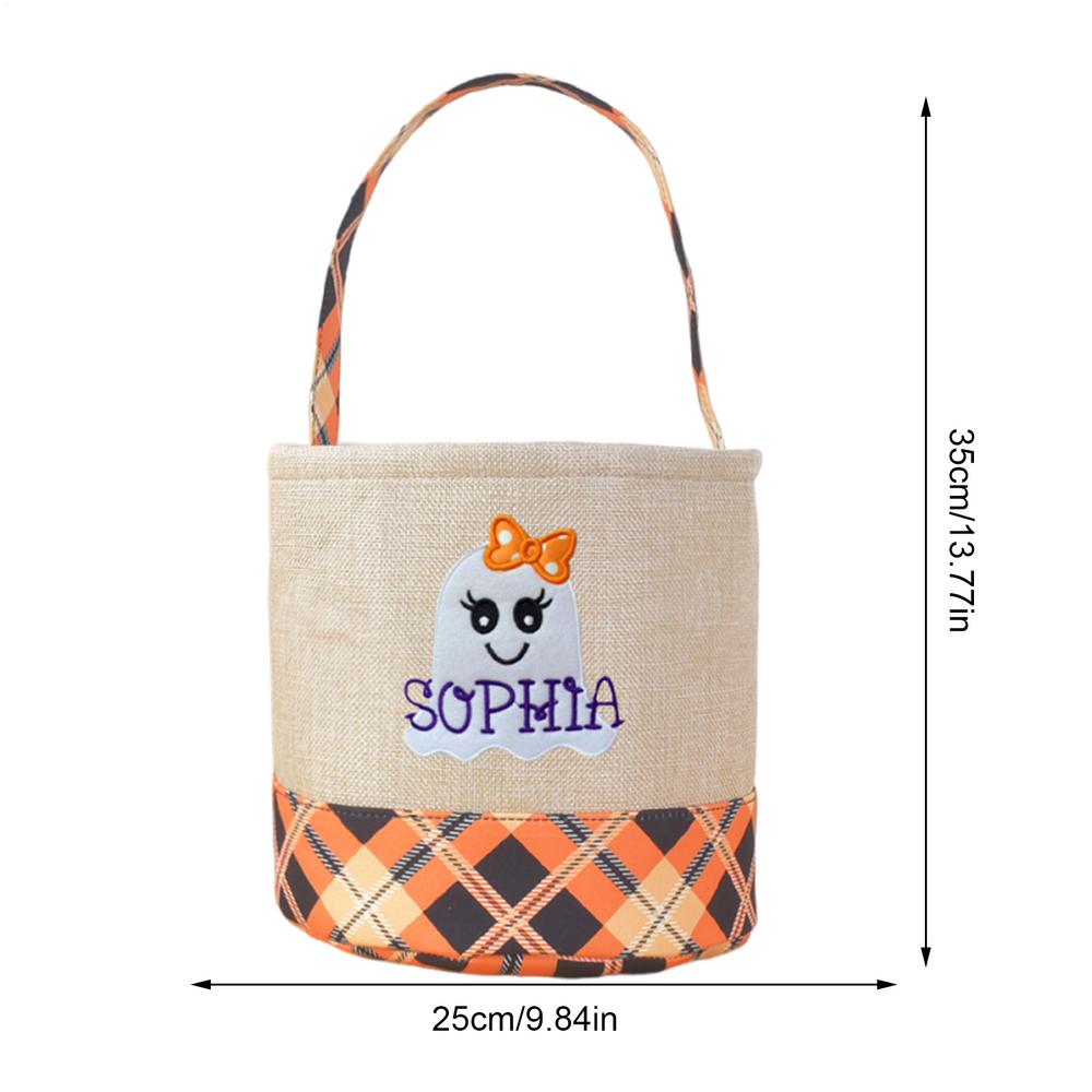 1pcs Kids Halloween Candy Bag Storage Basket Imitation Linen Plaid Fabric Design Portable Decoration Halloween Candy Bag