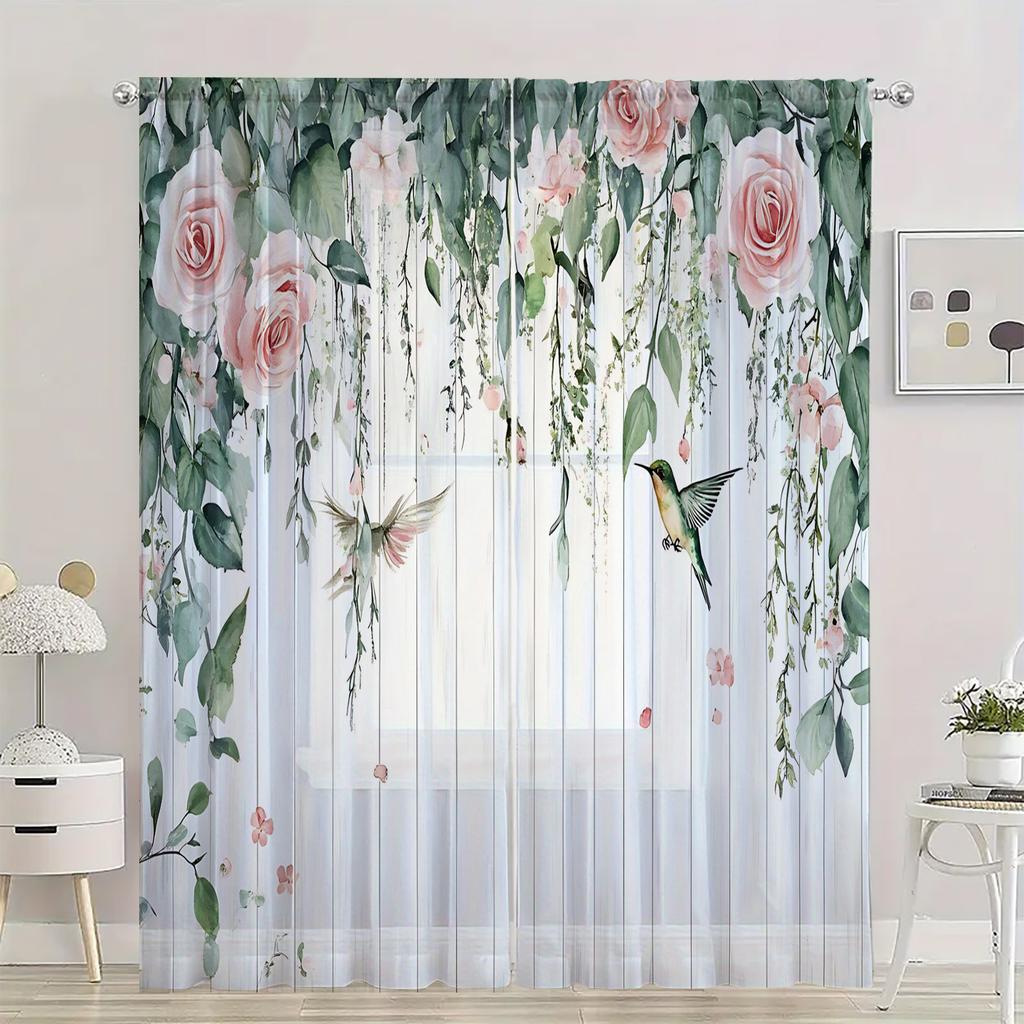Set Of 2 Hd Digital Plant Bird Printed Window Screen Home Decor Style Decoration Living Room Bedroom Rod Curtain For Made Polyester