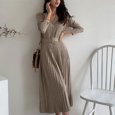 Elegante V-ausschnitt einreiher Frauen Verdicken Pullover Kleid Herbst Winter Gestrickte Gürtel Weibliche A-linie Weiche Kleider